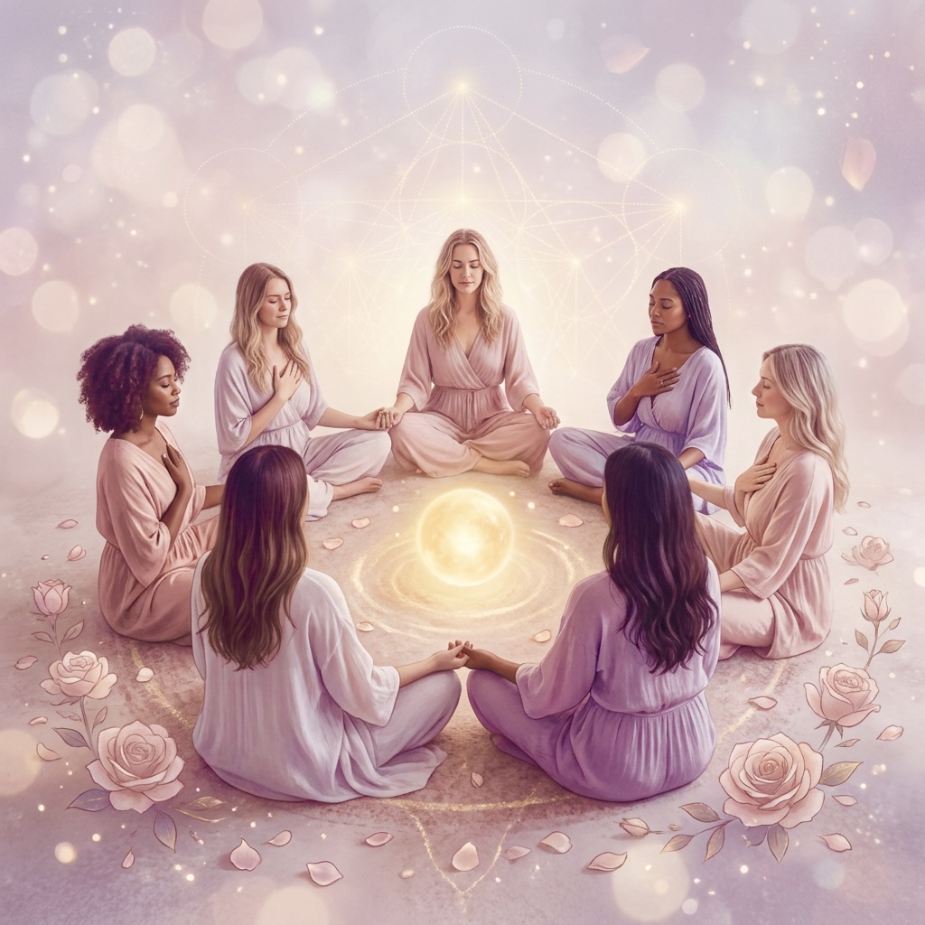 Circle of women in soft pink and lavender robes meditating around a glowing light